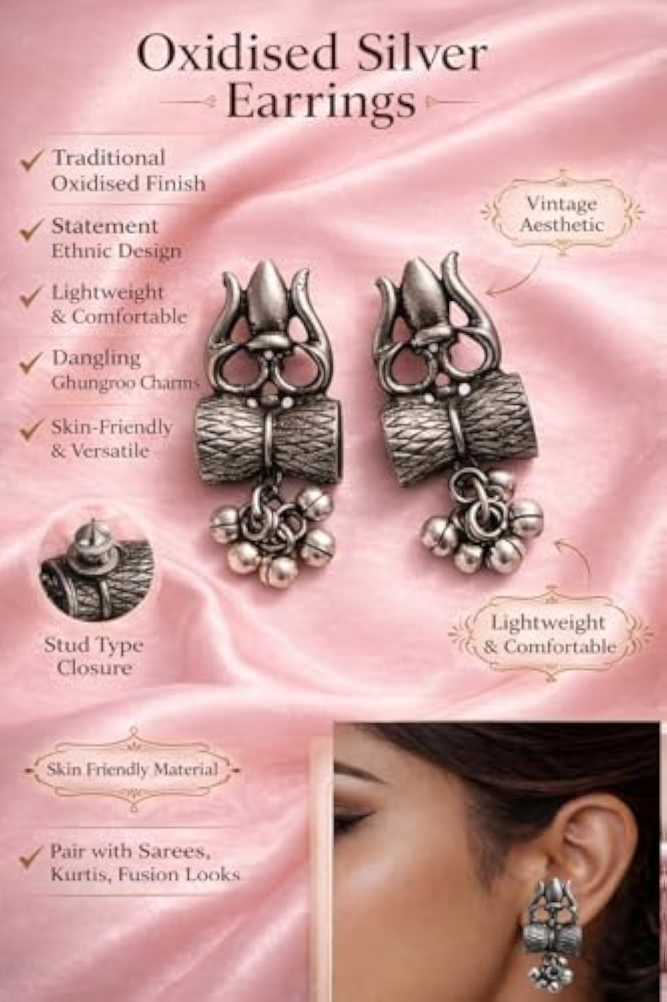 Oxidised Silver Statement Earrings with Ghungroo Charms